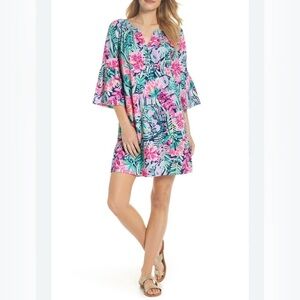 Lilly Pulitzer Mini Dress Tunic Top Pink Blue 3/4 Sleeve Floral Pima Cotton M